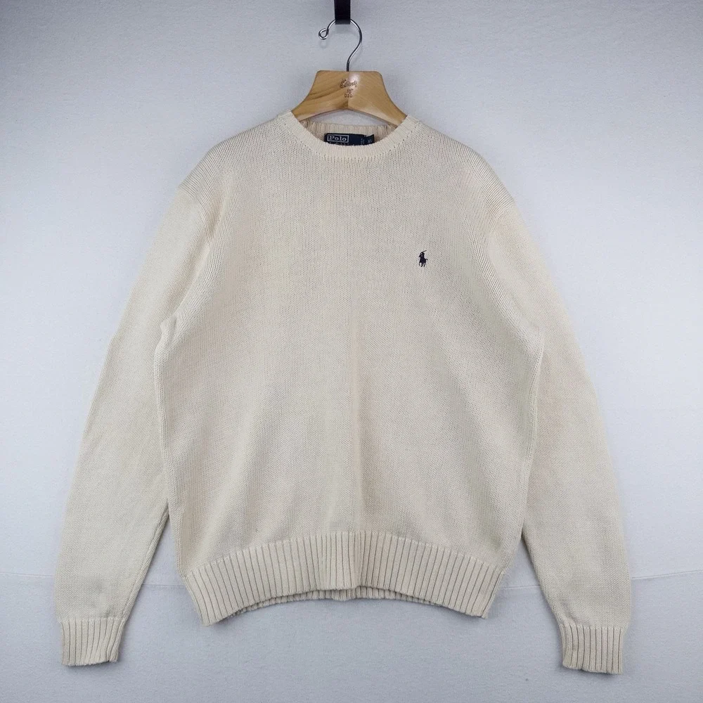 90's Vtg Polo Ralph Lauren Knit Sweater Mens XL Cream Beige Pima Cotton Crewneck